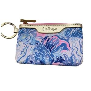 Lilly Pulitzer Pink and Blue Patterned Keychain Top Zip Coin Purse w/ Card Slot